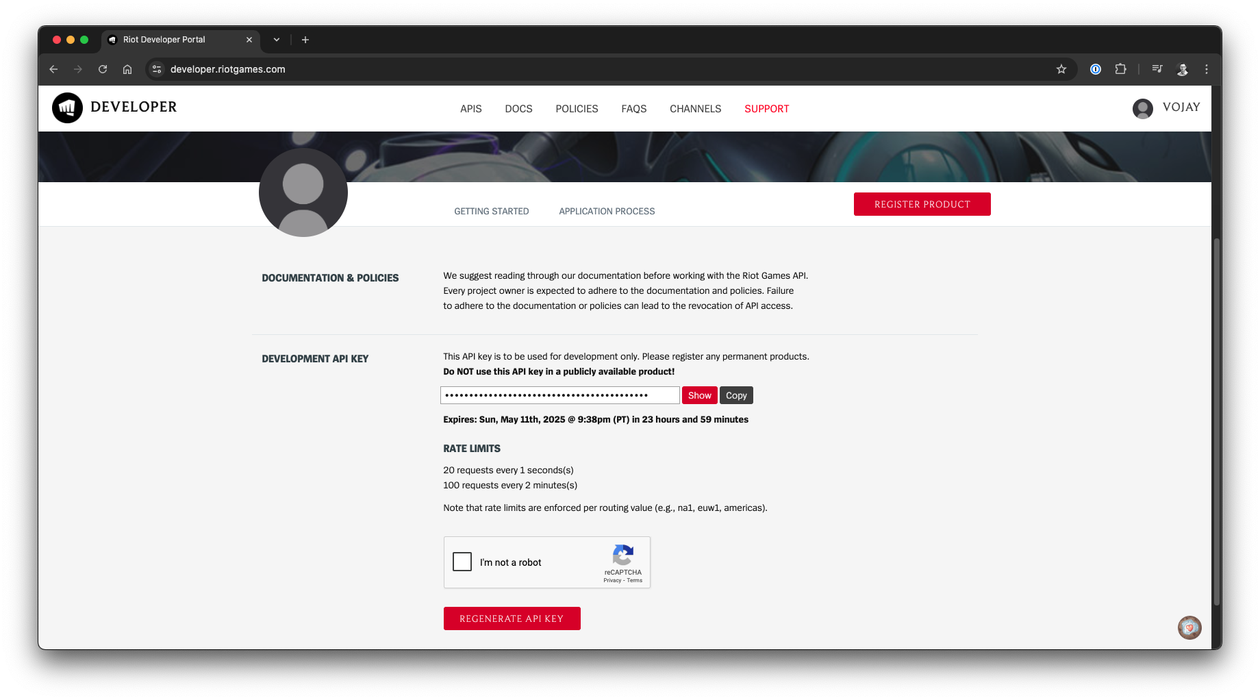 Generate API key for Riot Games API