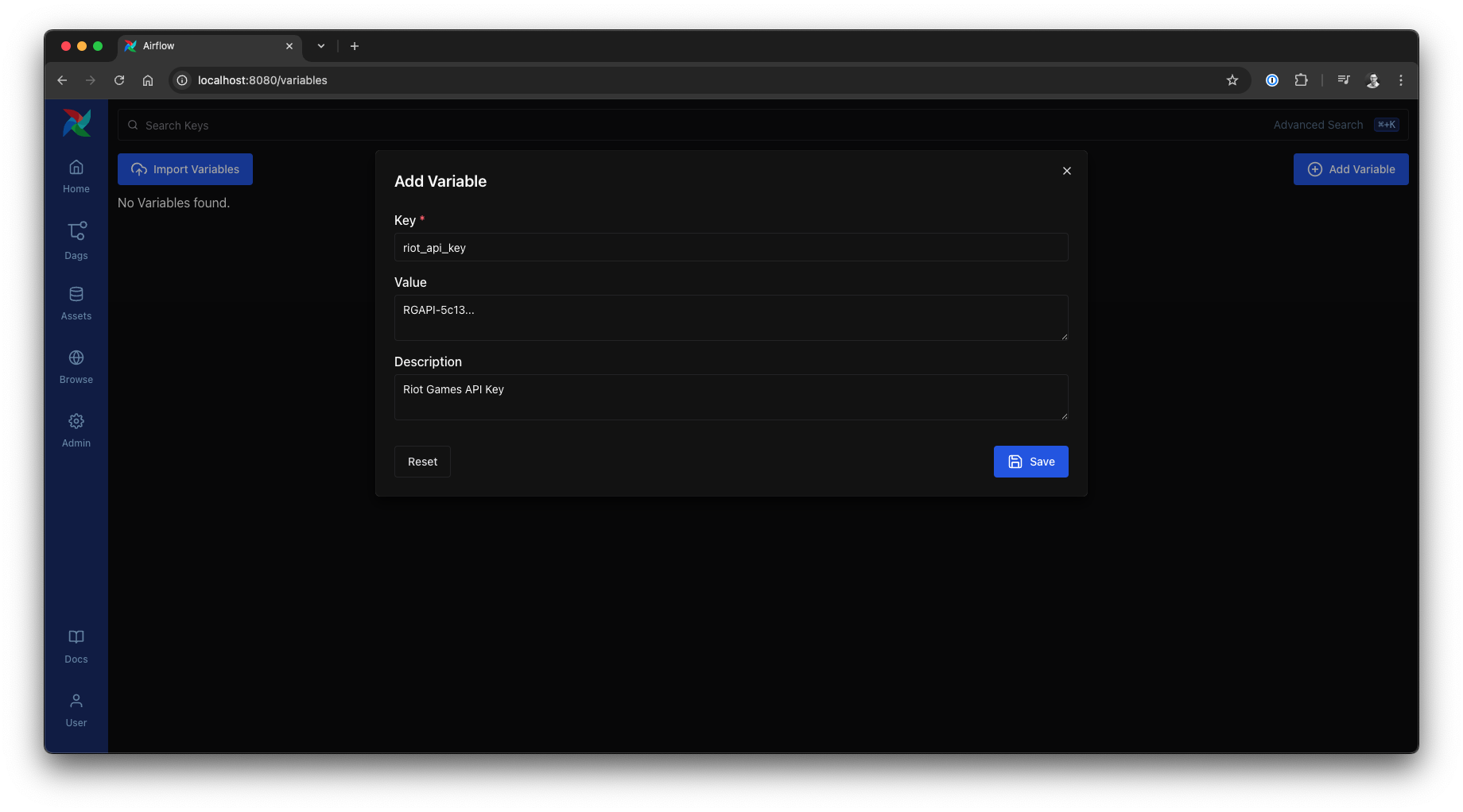 Adding an Airflow Variable for the API key