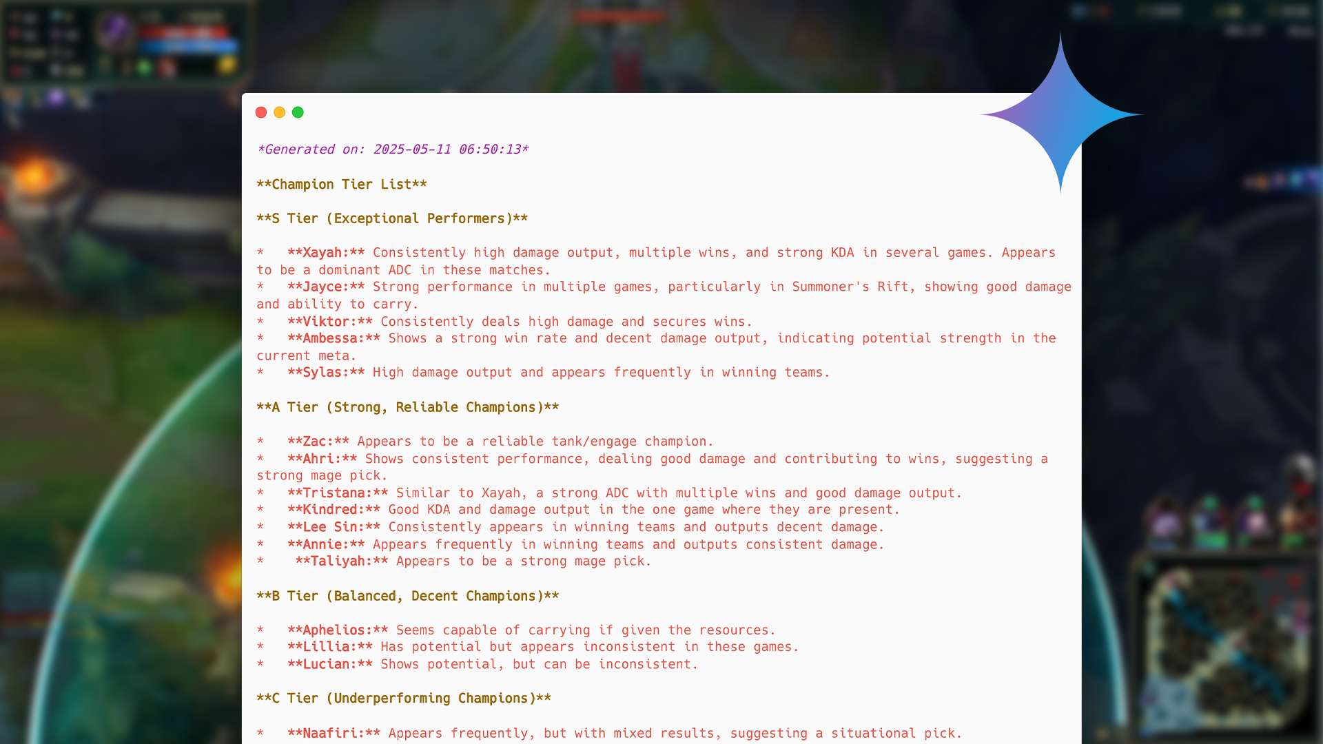 League of Legends AI generated tier list as Markdown
